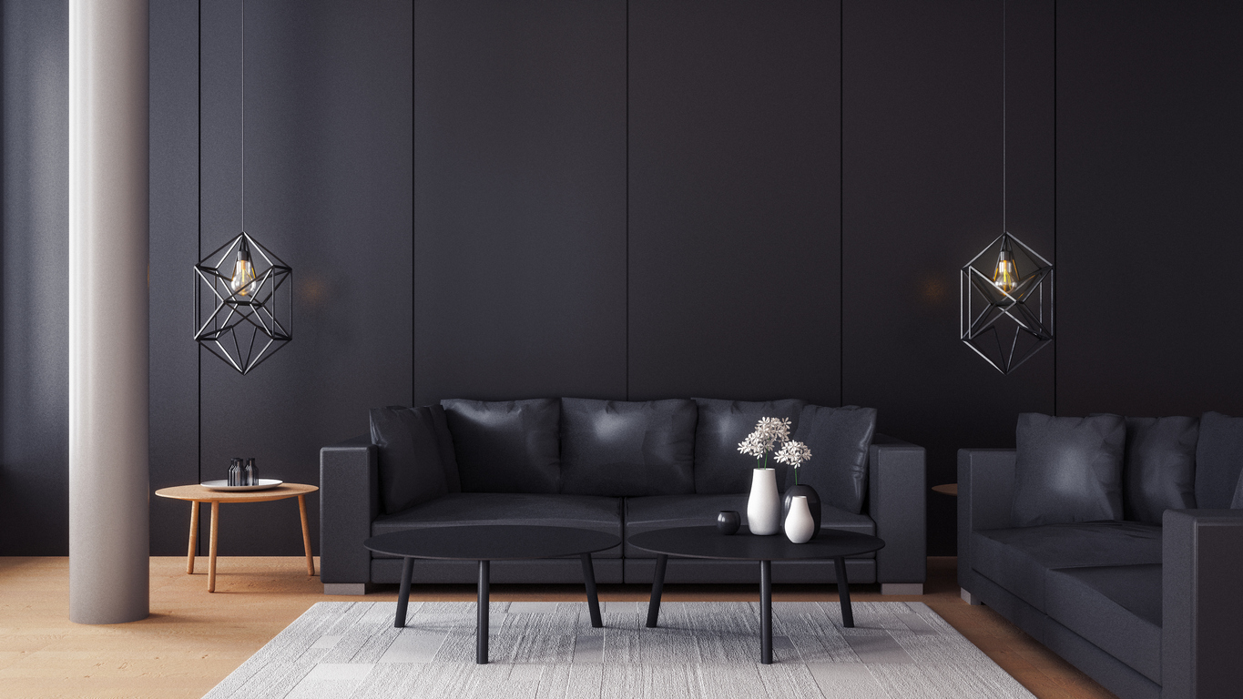 Modern living room with black wall