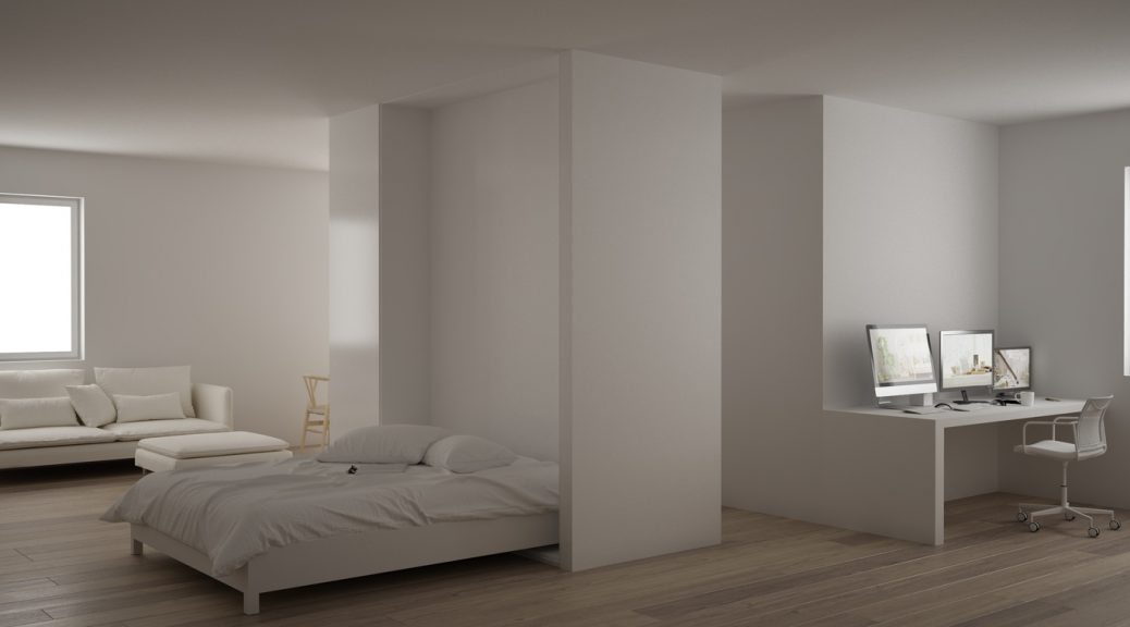 Small apartment with parquet floor, home workplace with corner desk in white living room, office in minimalist style, Murphy bed, roll-away, modern architecture