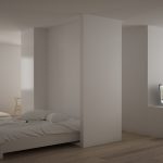 Small apartment with parquet floor, home workplace with corner desk in white living room, office in minimalist style, Murphy bed, roll-away, modern architecture