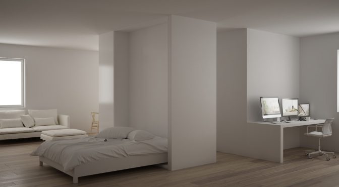 Small apartment with parquet floor, home workplace with corner desk in white living room, office in minimalist style, Murphy bed, roll-away, modern architecture