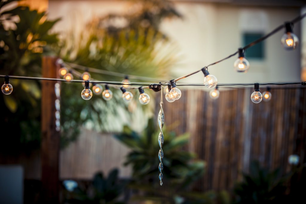 Patio, Setup, Evening, Party, Social - Lighted Series Lights on the Patio