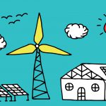 Hand drawn house, wind turbine and solar cells in alternative energy concept illustration